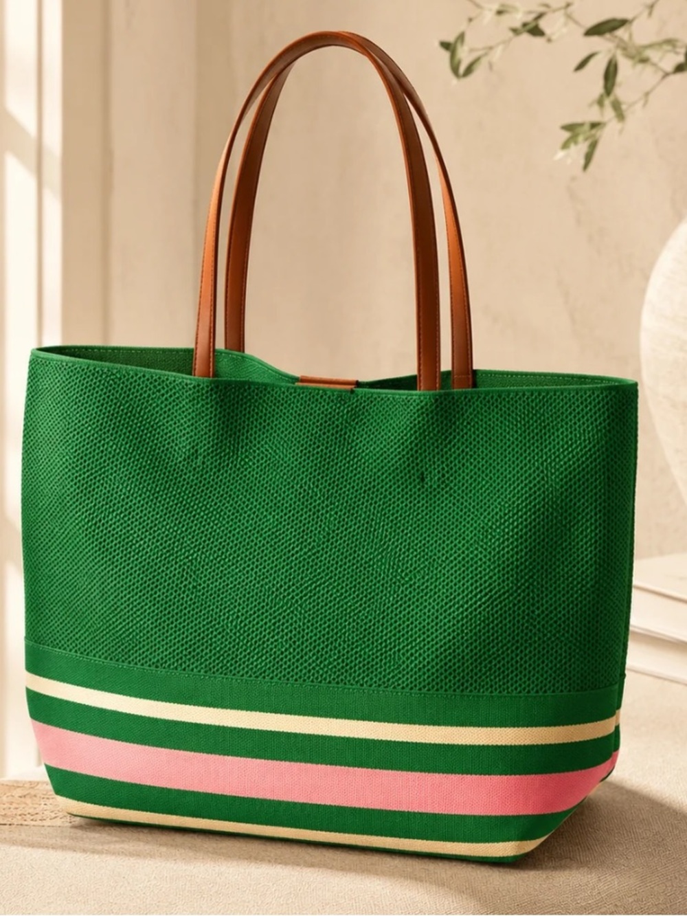 Green Knit Striped XL Oversized Tote